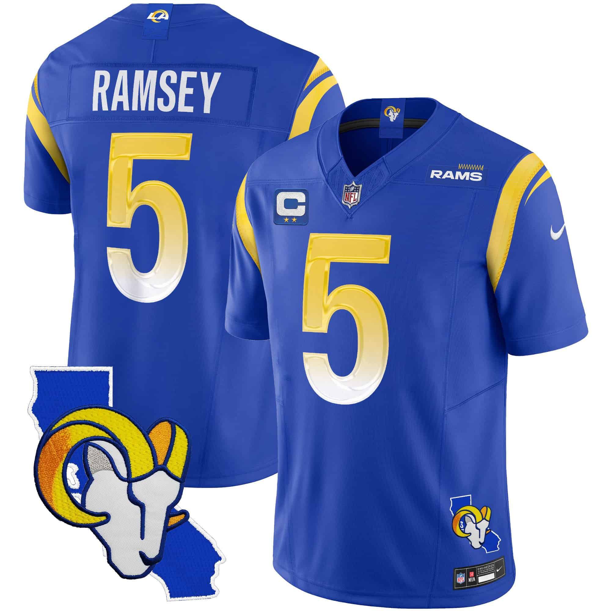 Men Los Angeles Rams #5 Ramsey Blue 2024 Nike California Patch Vapor Limited NFL Jersey style 1
